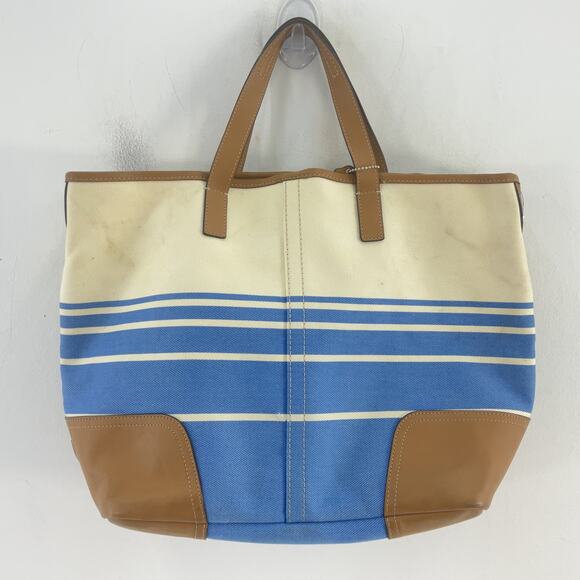 Coach Hadley Tote in Cream & Blue Stripes Canvas/Leather Women’s Purse Preowned - Picture 2 of 7